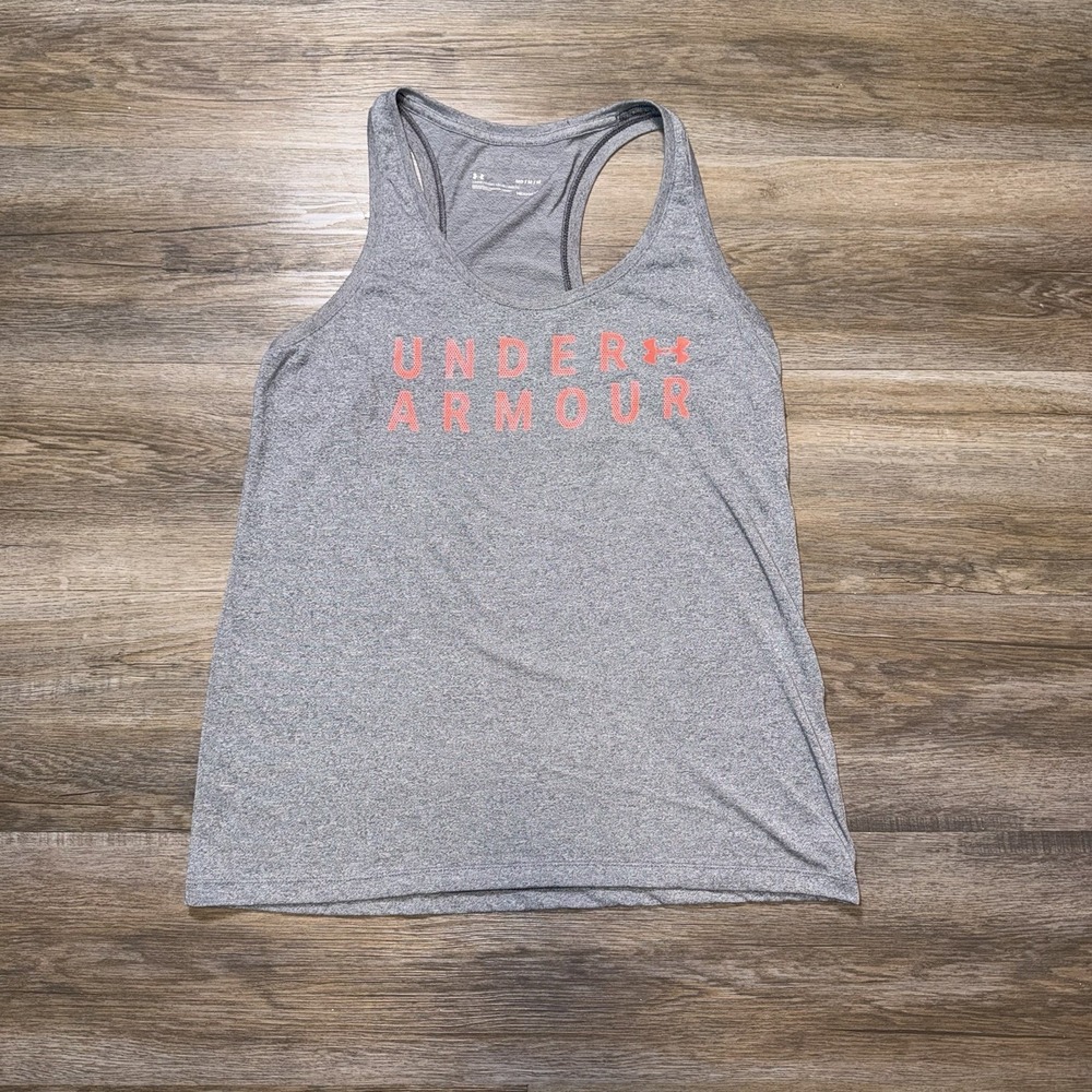 Under Armour HeatGear Tank Top Womens Medium Gray Racerback Style Graphic Logo